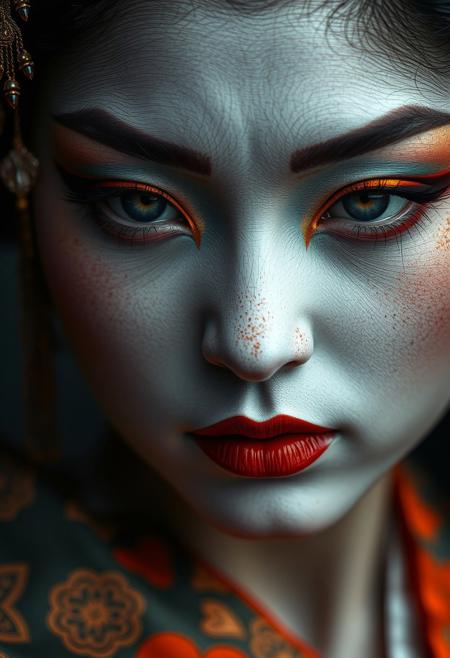 intense close up shot, african geisha, in the style of textured photography, dark gray and bronze, naoto hattori, jeremy lipking, dark sky-blue and orange