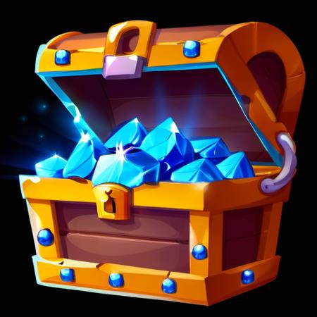 <lora:Game Icon InstituteXL1:1>,(masterpiece, top quality, best quality, official art, beautiful and aesthetic:1.2),(8k, best quality, masterpiece:1.2),a cartoon chest with ice in it on a black background with a bright blue light coming out of it, solo, simple_background, no_humans, sparkle, black_background, gem, crystal, glint, gold, blue_gemstone, still_life, treasure_chest