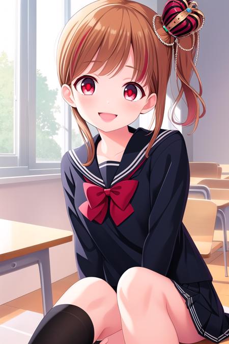 (masterpiece, best quality), highly detailed background, perfect lightingbest quality, amariakari, solo, indoors, classroom, brown hair, two-tone hair, red hair, mini crown, jewelry side ponytail, streaked hair, short hair, red eyes, black serafuku, black shirt, long sleeves, red bowtie, <lora:GoodHands-vanilla:1>, black skirt, pleated skirt, white thighhighs, school uniform, smile, open mouth, :d, pink lips, <lora:Amari-Akari:0.7>