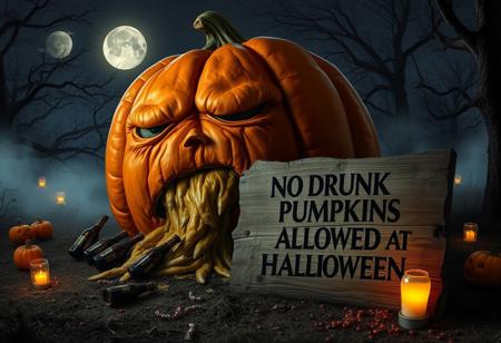 “Enormous orange pumpkin with a tired, worn-out expression, sitting on the ground as it vomits its own pumpkin guts. Empty beer bottles scattered around, as if it just had a long night of drinking. Surrounding the pumpkin are spooky Halloween elements: glowing jack-o’-lanterns, eerie fog creeping along the ground, flickering candles inside skull-shaped lanterns, and a few scattered candy wrappers. A full moon casts a dim light over the scene, with creepy shadows from nearby trees and faint ghostly figures in the distance. In front of the pumpkin, a decayed, broken wooden sign with deep engravings reads ‘NO DRUNK PUMPKINS ALLOWED AT HALLOWEEN,’ adding a darkly humorous touch to the eerie atmosphere.”
