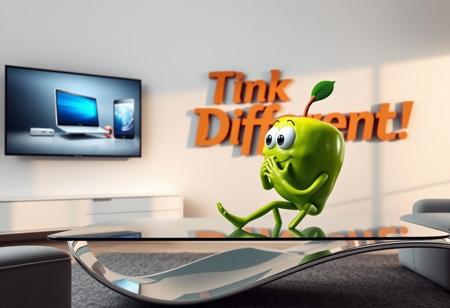 In a sleek, modern living room, an anthropomorphic green apple with expressive features—arms, legs, and a curious face—sits comfortably on a stylish, futuristic glass and chrome coffee table. The green apple has large, thoughtful eyes, with a small smile, as it intently watches a large wall-mounted TV. On the screen, an Apple computer commercial plays, featuring sleek products and bright, vivid colors in Apple’s signature minimalist style. The apple seems engrossed, almost as if reflecting on the innovation showcased.
The apple’s hands rest on its chin as if deep in thought, and one leg dangles off the edge of the table, creating a relaxed, yet intrigued posture. Behind the apple, a giant, meticulously designed cardboard sign with “Think Different!” written in bold, artistic typography hangs prominently on the wall. The sign is highly detailed with intricate, laser-cut designs and elegant curves, blending luxury with creativity. Its colors shift in subtle gradients, and it features metallic accents that catch the light from the TV’s glow.
The room itself is a mix of modern and tech-inspired decor—smooth concrete walls, ambient LED lighting, a soft leather sofa, and minimalistic furniture pieces, all bathed in the soft glow of the commercial. The apple’s glossy green skin reflects the light, and its form is seamlessly integrated into the futuristic, tech-savvy environment, as if personifying the fusion of nature and innovation.