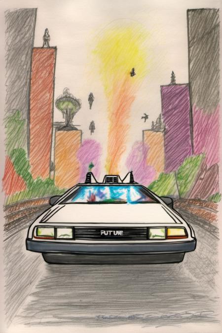 back to the future scene, DeLorean flying in the future,     <lora:crayons_v1_sdxl:1>