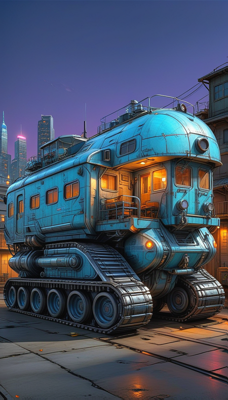 (cel-shading:2)+, (in ARTIST style:1.6), (masterpiece:1.7),  glow blue neon, hyperrealism, glossy, shinny, clear image, accurate picture, clear picture, precise image, focused image, Science fiction style, Science fiction, (cozy comfy ground vehicle, motor vehicle, vehicle focus, train, truck, scenery, military, Tracked Vehicle, Traction City, gray paint, (neon cyberpunk city background), mecha comic style),
comic style, (ultra sharp focus:2), (thin lines:2), (best quality:1.8),
(masterpiece:1.8), (highest detailed:1.8), perfectly lighted, (contrast), (saturated), (((sharp focus))),
(hyperdetailed:1.3), (intricate details:1.2), (Refined details:1.3), (best quality:1.5), highly detailed textures, vibrant colors,
(ultra sharp focus:1.8), (detailed texture:1.8), (detailed edges:1.8), (thin lines:1.8), (best quality:1.8),
<lora:Apparatus_-_Traction_City_Walkers_Vehicles:0.8>,