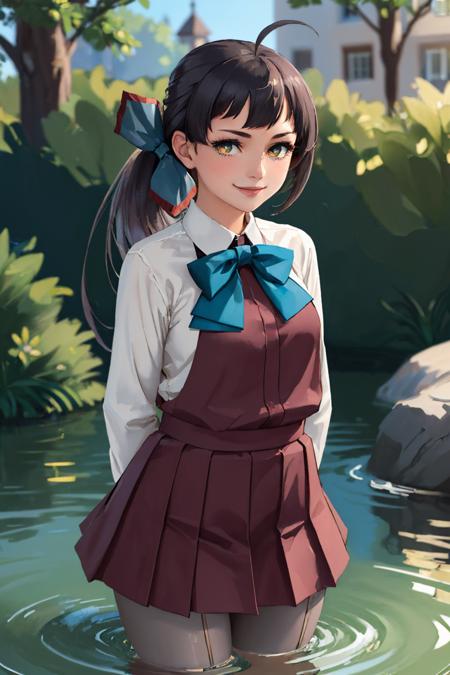 (masterpiece, best quality:1.2), solo, 1girl, fujinamidef, smile, looking at viewer, wading, arms behind back, ahoge, side ponytail, hair ribbon, school uniform, sleeveless dress, blue bow, shirt, long sleeves, grey pantyhose <lora:kancolle_fujinami-22:1>