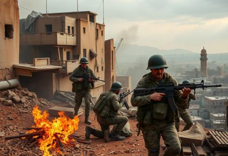 Modern, land war, scene, british soldiers, takein cover, war torn cityscape, middle east,