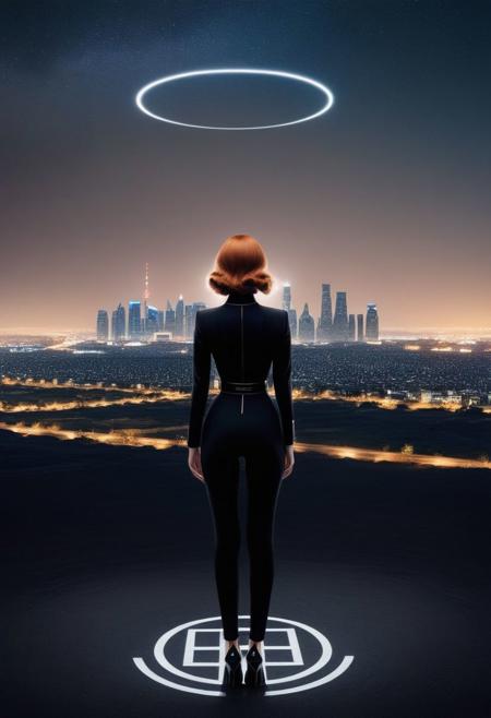 In center of the picture a woman holding up black circle in bold lines intersected by a thick lines, Gnostic symbol, symmetrical,
In the background: ((An enormous city sprawl with a city skyline reaching for the stars,
Aleph Tower, centre for the AI that rules the Human civilization, in a glittering city of glass and shining metal,
   bright sunlight under a pitch black sky.
twice five miles of urban sprawl,
in the front a mysterious woman, slick suit, long sleeves, long pants, reminiscent of old pin up models,( full body portrait:1.5), petite body, secretive face, long ginger hair, flowing curls, pale skin, blushing, Freckles, red lipstick, slight smile, red shawl, proud)),  
Photographer Reuben Wu Style