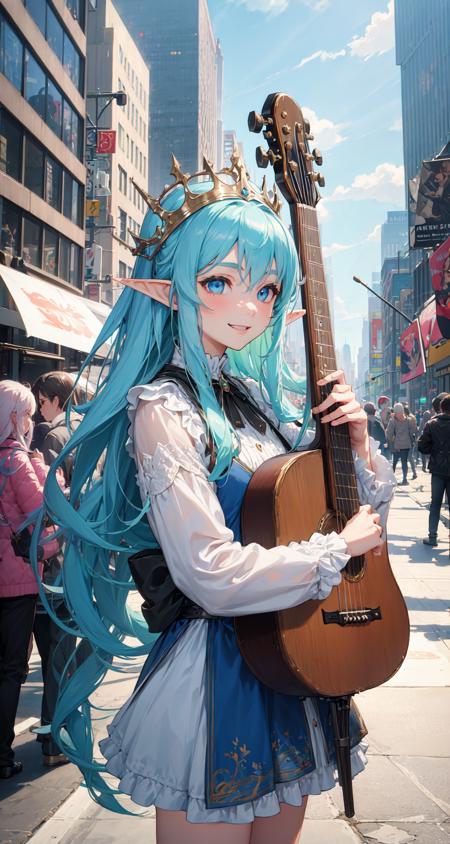 masterpiece, best quality, realistic, 1girl, the cloud elf queen busks on the streets of new york, smile, small crowd gathering around the performance, casual