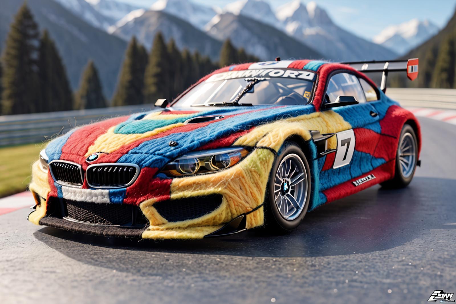 Colorful BMW Race Car with a Stuffed Animal Body on a Mountain Road