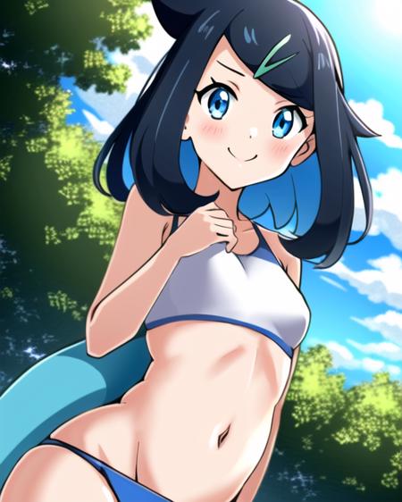 liko_\(pokemon\), swimsuit, (sfw), 1girl, cowboy shot, upper body, blush, smile, dynamic angle, small breasts, looking_at_viewer,  <lora:liko:0.6>