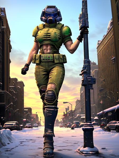 (1girl:1.4), (doomguy:1.2), full body, (solo:1.4), (standing on one leg:1.2),  (masterpiece, best quality, absurdres:1.3), winter city scene,
 <lora:doomguy-15:1>