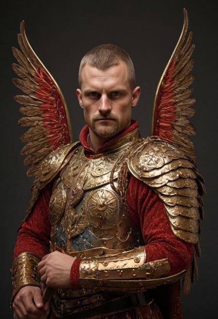 dual winged hussars, ornate red brass stylized wings on back of man, 2 large hussar wings behind back, undercuthaircut, Photorealistic oil painting of (Handsome:1.1) (Polish) (Irish) (Slavic) (bright sapphire eyes) (half-dragon warrior-prince:1.2) with (intricate metallic red brass scales seamlessly melded into arm and neck:0.9), 28-year-old, (darkblonde undercut short hair:1.1), (medieval fantasy clothing:1.2), grimdark fantasy, (medieval) fantasy, high fantasy, epic fantasy, (upper body:1.3) (medium shot:1.3) taken with (fujifilm xt3:1.1), film grain, dark style, raking light dramatic hard shadows, (dramatic lighting:0.9), material contrast, cinematic composition, intricate details, masterpiece, visually stunning, evocative, vivid deep hues, brass, red Crystal, (body transformation:1.2), <dhevv:ds-style:rsd1.5>, realistic eyes, scaleborn, scales, undercut, royal, red armor, symmetrical armor, large nose, wide nose, wide nosebridge, tallnose, dour expression, full beard, strongman