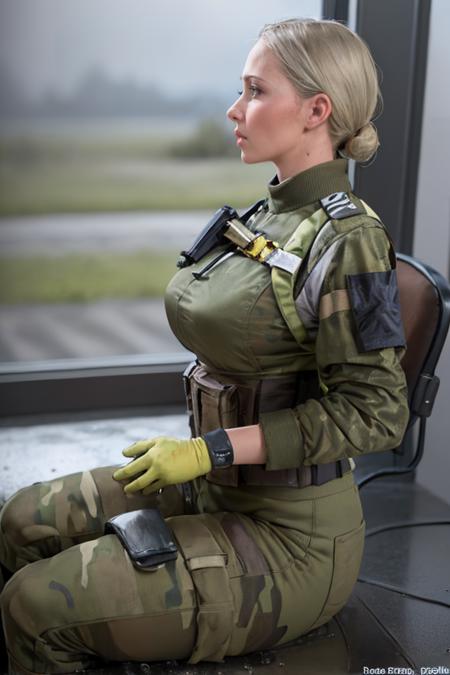 (masterpiece, best quality:1.2),  <lora:falck_(battlefield_2042):.9>, falck (battlefield 2042), 1girl, solo, gloves, breasts, large breasts, load bearing vest, uniform, military uniform, boots, holster, holding, grey hair, sitting, water, rain, looking away, looking to the side, indoors, window