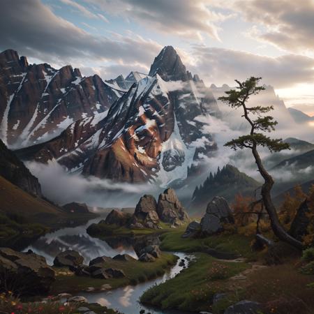 ethereal,  <lora:quiron_LegendaryLandscapes_v1_Lora:1> landscapesquiron, legendary landscapes by quiron, landscape, sky, tree, mountain, scenery, hdr, 4k, 8k, realistic, best quality, art piece, masterpiece