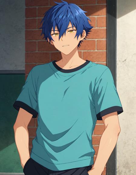 sazanami_jun_pony, blue hair, yellow eyes, short hair, hair between eyes, bangs, muscular, tan,