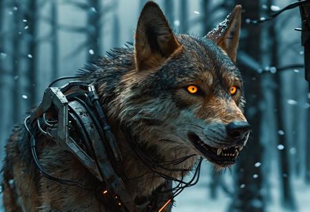 cyberpunk, distopic future, bladerunner 2049. very detailed and complex biomechanical wolf gazing at viewer, about to hunt, (night snow forest:1.5), intimidating big amber eyes, (hunt position:1.5), bioluminicense wires, hard edges, opaque gray color, dirty, rusty, fangs, (intricate details:1.5), (detailed paw:1.2), (growling:1.5). Scify, otherworld, bladerunner 2049. (POV, frontal, medium shot), (Camera canon eos r6 mark ii, len 35mm, f1.6). Cinematic, cinematic lighting, dimsy lit, volumetric light. High-quality, hyperdetailed, intricate details, realistic, perfect composition, intriguing glowing eyes, 8K, UHD, HDR. easynegative