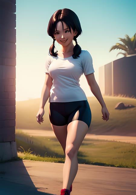 Videl white shirt, bike shorts, white shirt, bike shorts, short hair, messy hair