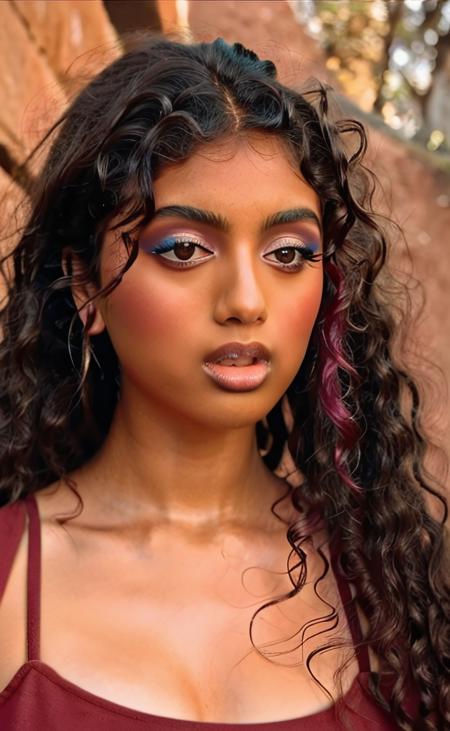 t1ghtdress, avantika, parted lips, teeth, makeup, eyeshadow, lip gloss, curly hair, big hair, close-up, looking at viewer, cinematic, posing, highly detailed, film grain, pink lip gloss, at Grand Canyon, raw photo, fujifilm