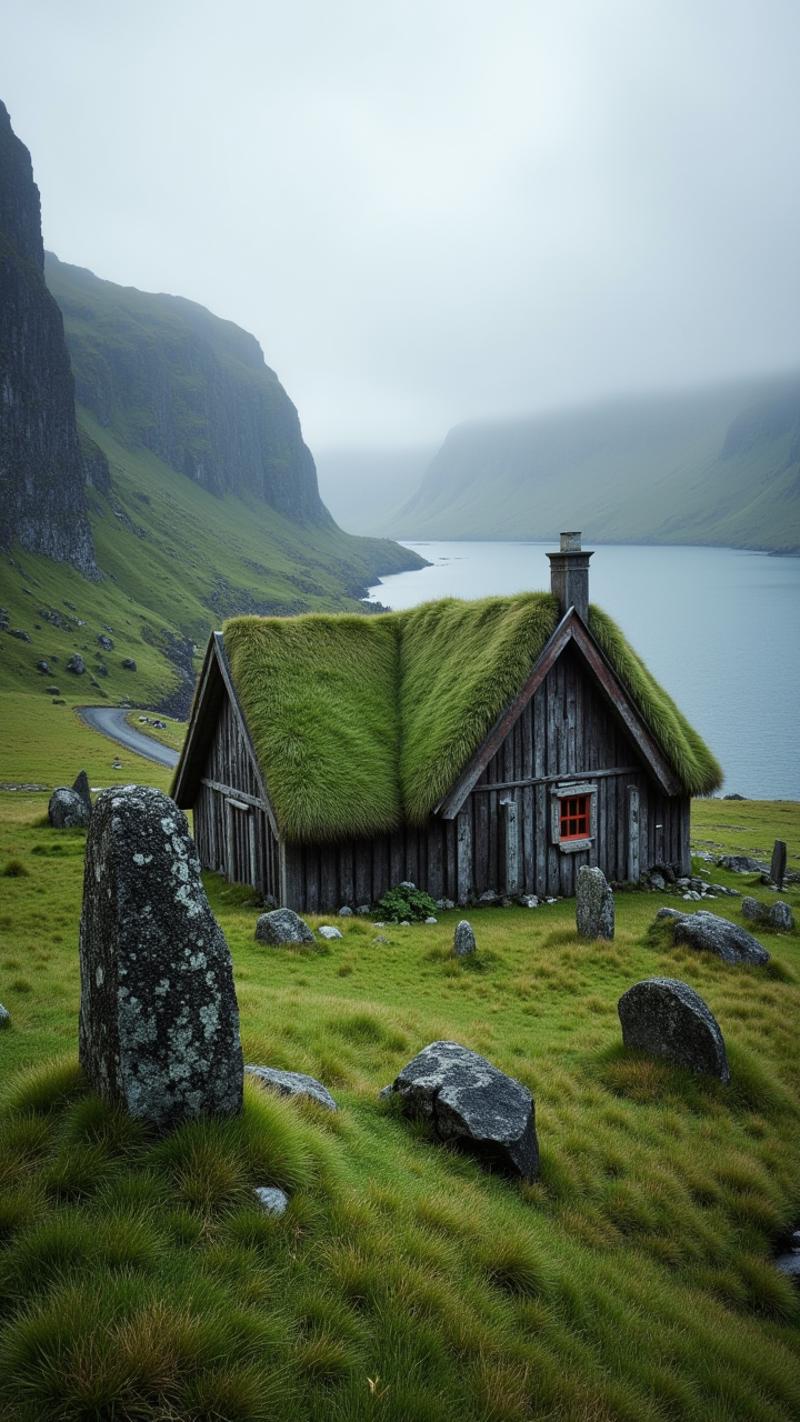 Hidden Final Fantasy Settlement in Icelandic Fjords: Turf-roofed longhouses and rune stones. alluring, lovely