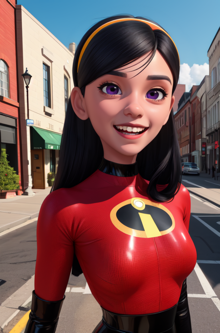 vilett,black hair,purple eyes,  eyes,  long hair, 
hairband,red bodysuit, elbow gloves,  leather, 
upper body, standing,   smile,  open mouth, 
outdoors,  city, 
(insanely detailed, beautiful detailed face,beautiful detailed eyes, masterpiece, best quality),solo, <lora:VioletSui:0.8>