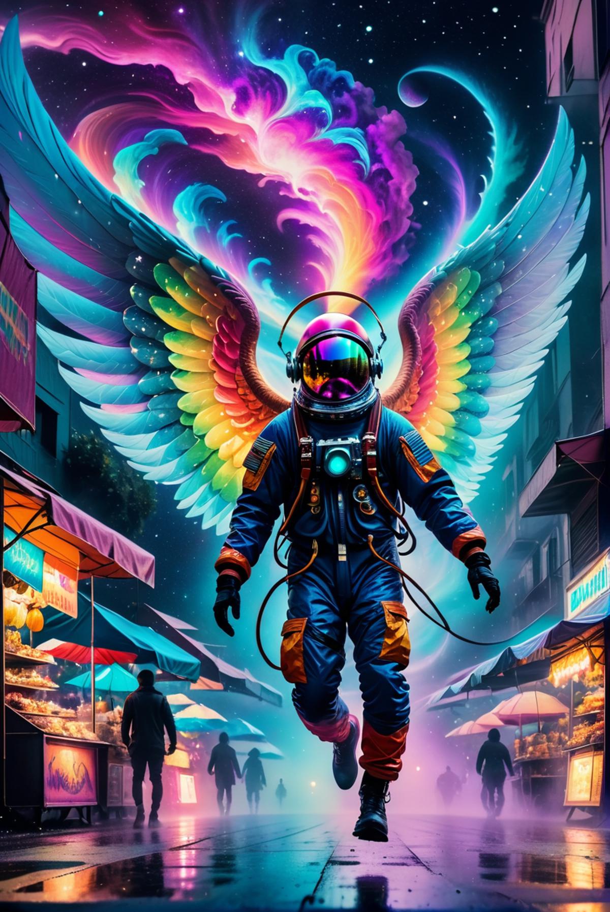 Astronaut with wings and rainbow colors.