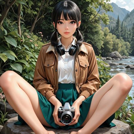 masterpiece, high_quality, highres, detailed_eyes, beautiful, detailed,  best quality, absurdres, 8k, HDR,very aesthetic, brown hunting jacket, green skirt, two pigtails, black hair, asian girl, a poem in her eyes, camera slung over neck, encapsulating beauty and freedom in nature, sitting with legs spread