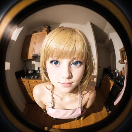 <lora:fisheye2:1>, fisheye, 

(realistic:0.9), masterpiece, 4k, (high detailed:0.9), (perfect face:0.8), (beautiful eyes:0.5), 1girl, blonde hair, blunt bangs, in kitchen, pink apron on the naked body