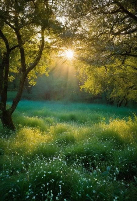 Award winning photograph, Envision a realm where the boundaries between reality and imagination blur effortlessly, where each step unveils a symphony of colors and textures dancing in harmony. A vast, ethereal valley, where the air is tinged with the scent of blooming jasmine and whispers of distant melodies caress your ears. As you gaze across the expanse, you're greeted by rolling hills adorned with lush emerald foliage, each blade of grass shimmering with dewdrops like scattered jewels. The gentle breeze carries with it the soft hum of contentment, a melody composed by the rustling leaves and the occasional trill of unseen birds. In the distance, towering spires of crystalline structures rise from the earth like the spines of ancient giants, their surfaces reflecting the golden hues of an eternal sunset. Streams of liquid light cascade down their facades, pooling into crystalline lakes that mirror the star-strewn heavens above. Glowing flora illuminate your path, casting a kaleidoscope of colors upon the verdant ground below. Above, wisps of iridescent clouds drift lazily across a cerulean sky, morphing and shifting like dancers in an endless ballet. The sun, a radiant orb of warmth and light, bathes the land in its golden embrace, casting long shadows that dance across the landscape like playful spirits.<lora:RMSDXL_Creative:2> <lora:RMSDXL_Enhance:2> <lora:Dreamyvibes - Alt-Version - Trigger is Dreamyvibes Artstyle:.7> Dreamyvibes Artstyle