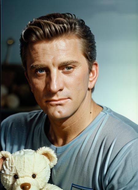 (<lora:KirkDouglas:.95>) ,a photo of (kd1) man with short hair, Detailed face, (perfect blue eyes), (highly detailed skin:1.1), perfect body, ((Symbolic Dreamer: Pajamas, Slippers, Teddy Bear, Thoughtful Expression, Dreamy Aura)), Modelshoot style, Professional Photography, soft lighting, PHOTOREALISTIC, Realistic, standing in a dark studio background, blurred background, volumetric fog,. RAW, analog style, sharp focus, 8k, HD, DSLR, high quality, Fujifilm XT3, film grain, award winning, masterpiece,