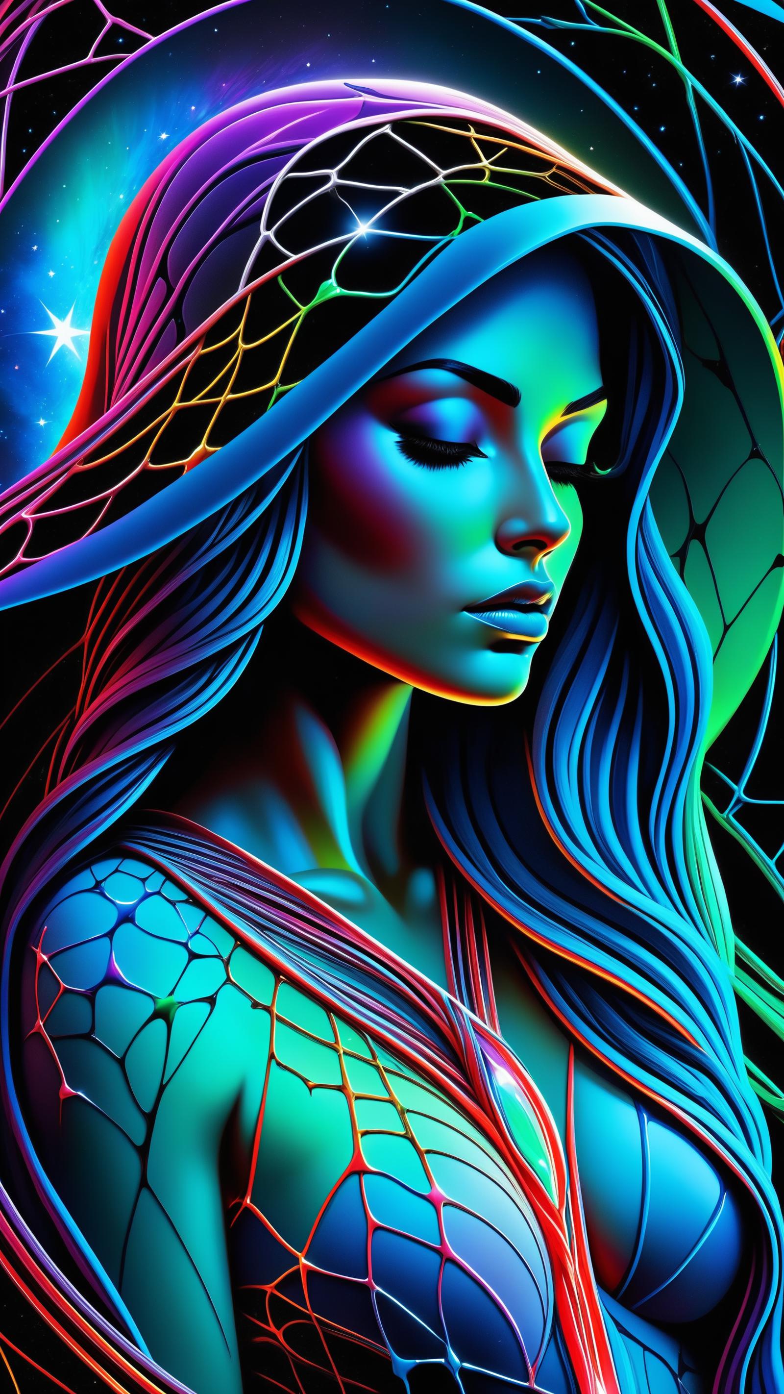 A vibrant and colorful painting of a woman with long hair.