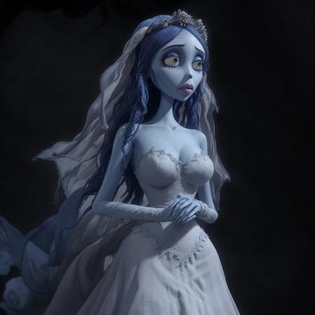 <lora:EmilyTheCorpseBride 10:.5> full body, woman, big eyes, full lips, blue skin, wedding gown,