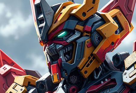 Create a high-definition, hyper-realistic artwork of a robot mecha fused with Optimus Prime, incorporating elements of Ainz Ooal Gown and Bixbite. The artwork should be inspired by the styles of Gu An, Xenogears, and various artists (WLOP, Ilya Kuvshinov, Katsuhiro, Villeneuve, Artgerm, Jeremy Lipkin, Michael Garmash, Rob Rey, Tristan Eaton, Stanley Artgerm, Tom Bagshaw, Greg Rutkowski, Carne Griffiths). Ensure the artwork features a close-up of the robot's sharp, fox-like teeth and a colorful, muscular design. Apply the golden ratio and incorporate intricate complexity, as seen in 8K, high-resolution concept art from arcade games, anime key visuals, and digital art. Trending on Artstation, the artwork should be a masterpiece of science fiction and fantasy.