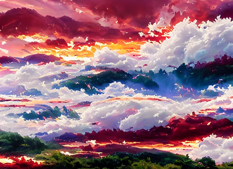 anime style discodifland , swarming fluffy clouds, oil on canvas, painterly strokes, intense crimson sunset