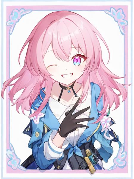 1girl,solo,smile,pink_hair,black_gloves,one_eye_closed,gloves,long_sleeves,shirt,single_glove,white_shirt,looking_at_viewer,jacket,medium_hair,pink_eyes,blue_jacket,blue_eyes,skirt,multicolored_eyes,white_border,border,long_hair,teeth,<lora:sanyueqi_xl:0.7>,