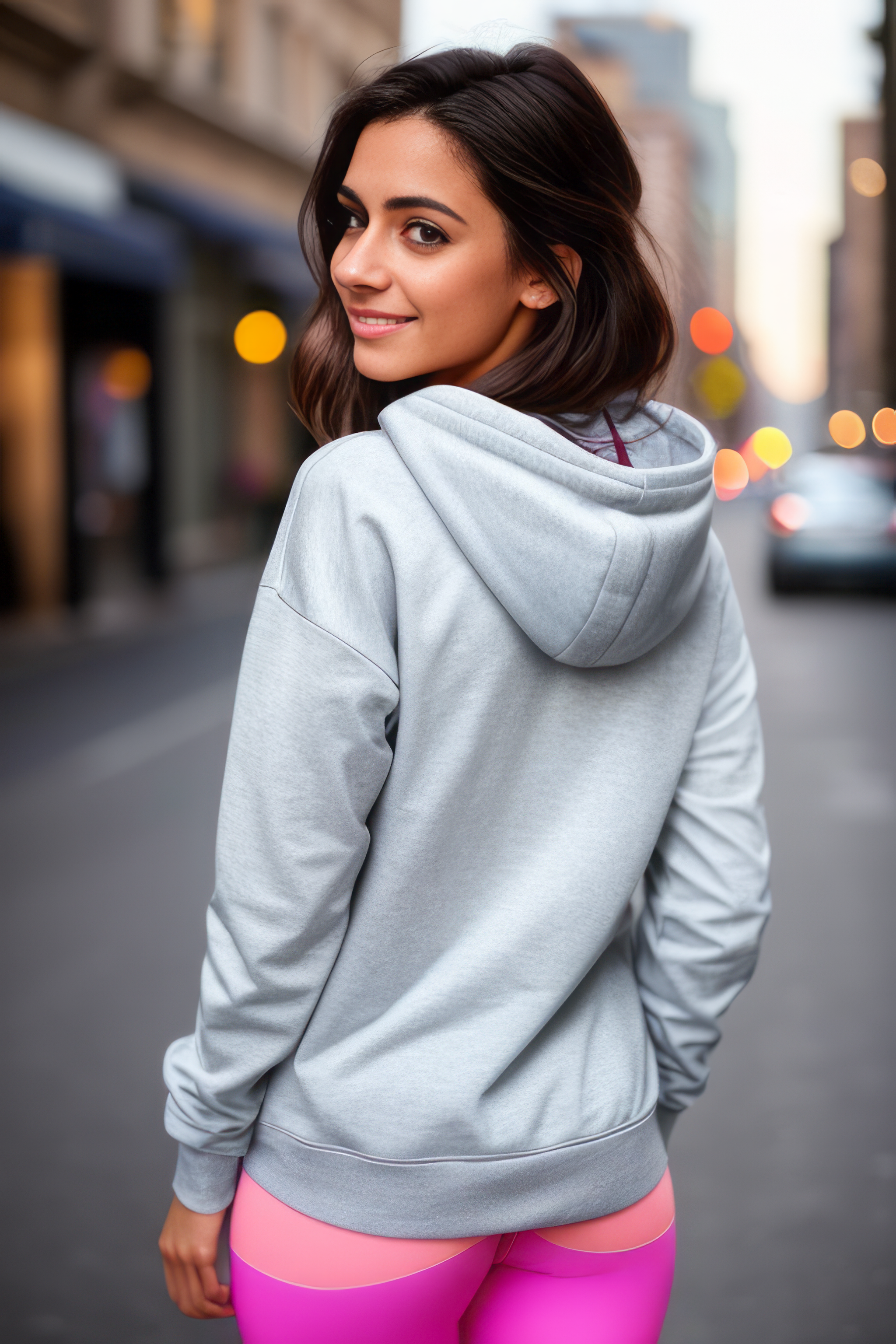 photo of a beautiful girl wearing casual shirt with a hoodie and leggings, city street, messy medium hair, slim body, view...