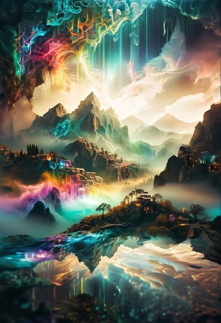 (by Ellen Jewett:1.5), (Bioluminescent Impressionism, Egyptian landscape, The Dreamland,, their peaks veiled in mist. mixed media, surrealism, great lighting, A surreal landscape highly detailed . extremely high-resolution details,  appears trapped in an optical illusion of reflections and refractions colorful , mountains and village in Turkey, professional photography, natural lighting, volumetric lighting maximalist. intricately detailed, complex, elegant, expansive, fantastical, waterfall, ethereal landscapes, depth of field, biotech emotion:1.3) <lora:xl_more_art-full_v1:0.5> <lora:add-detail-xl:1> <lora:RMSDXL_Creative:2>. GhostlyStyle