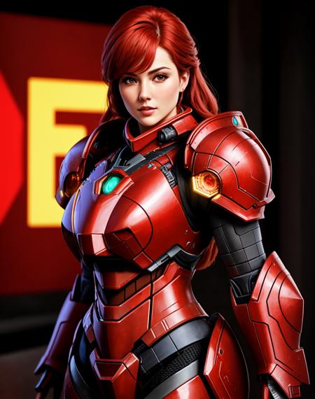 4K, Masterpiece, highres, absurdres,photorealistic, Parrley_armor, Parrley_armor, a woman in a red and black suit of armor posing for a picture ,wearing Parrley_armor, big bulky futuristic armor<lora:Parrley1:0.7>