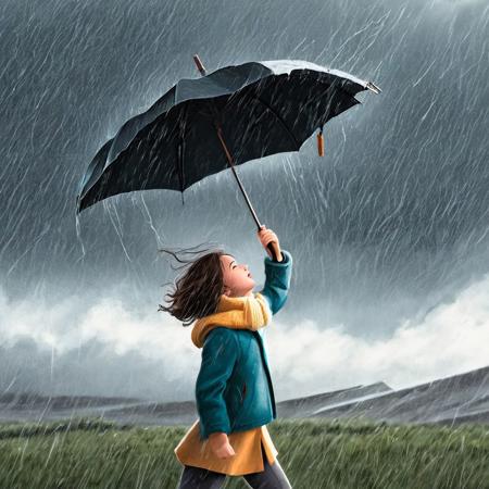 images depicting a young girl struggling to hold her umbrella in a windy storm. The illustrations capture the intensity of the storm and the girl's determination.