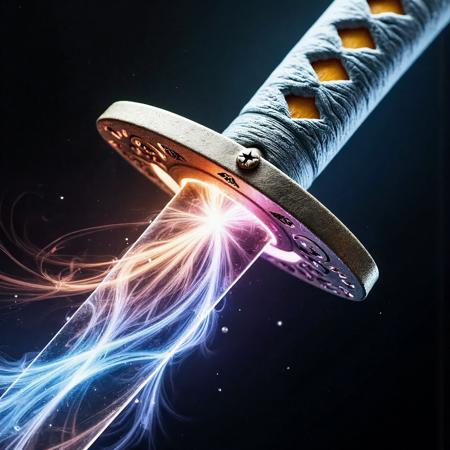 Close up perspective shot of ethereal katana. Blade is made of spirals of light. Predominant earthly colors.
<lora:updated_Flux_spirals_of_light_V2:1.0>,  <lora:Dever_Flux_Enhancer:0.5>