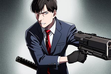 <lora:PlutoStyle-08:0.8>  solo, looking at viewer, short hair, 1boy, holding, jacket, upper body, weapon, male focus, necktie, teeth, holding weapon, gun, formal, suit, clenched teeth, holding gun