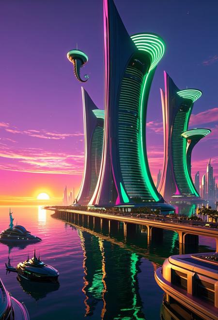 Futuristic fantasy concept art. Wide shot. A highly advanced futuristic city with seahorse-inspired skyscrapers and intricate architecture along a coastal metropolis. Wide-angle lens. Inspired by the art of Syd Mead. Vibrant seahorse-shaped airships floating above the city, fantastical glowing accents, hyper realistic reflections on polished surfaces. Warm sunset lighting with a magenta and emerald green color scheme. 8k resolution, crazy details, trending on Artstation, Unreal Engine 5 quality, cinematic, highly intricate, mesmerizing, extremely detailed.