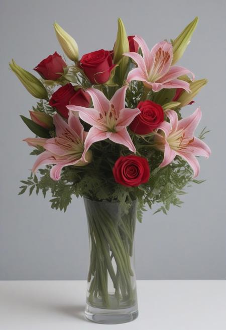 Bouquet of red roses and pink roses and lily flowers placed in a transparent vase in which we see the stems of the flowers, very realistic photography