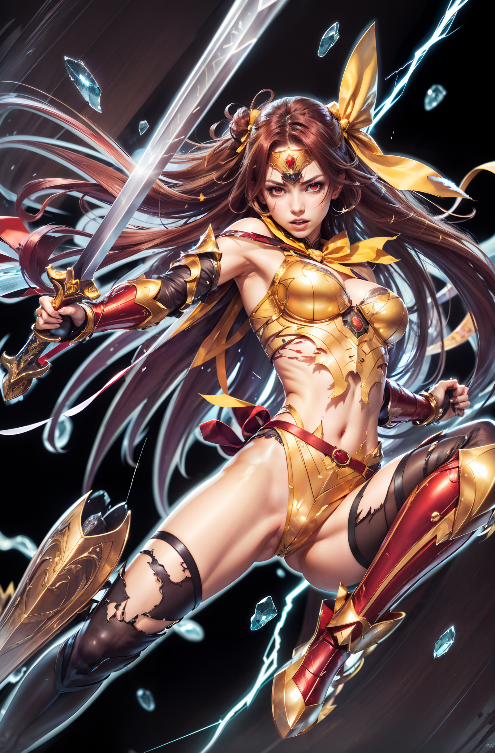 1girl, golden armor, sword, topless, shattered armor, torn clothes, action, lightning, sword, holding sword, aggressive ex...