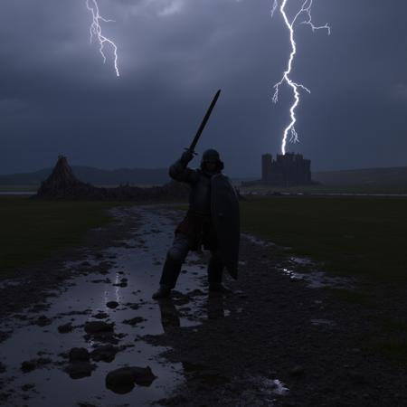 mydaz, detailed realistic cgi render of a knight holding a sword and shield and standing in a muddy battlefield in front of a castle in a thunderstorm.  Lightning strikes the ground as rain pours down on to the ground. The knight is looking toward the viewer and raising his sword as if celebrating a hard fought victory. 