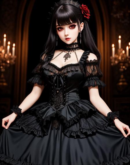 Masterpiece, absurdres,HDR ,highly detailed eyes and face,GothGal, a woman in a black ballgown posing for a picture, frills, lace ,short sleeves, choker, lace gloves,necklace, woman wearing a GothGal outfit, wearing a ballgown,  <lora:ballgownGoth:0.7>