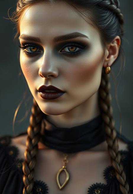 closeup portrait of a woman goddess ATHENA mid 30s, thin fit, big boobs, jet black sleek hair fading to gold, dramatic smokey eye makeup, high-neck black silken top, golden lipstick, subtle tear-shaped face jewel, soft moonlight on pale skin, photorealistic  
closeup, photorealism, braided hair, big boobs, thin fit, smokey eye, lace top, black lipstick, moonlight, one eye looks like an owls, golden  iris 
fullbigttgothgflady-mk.1
