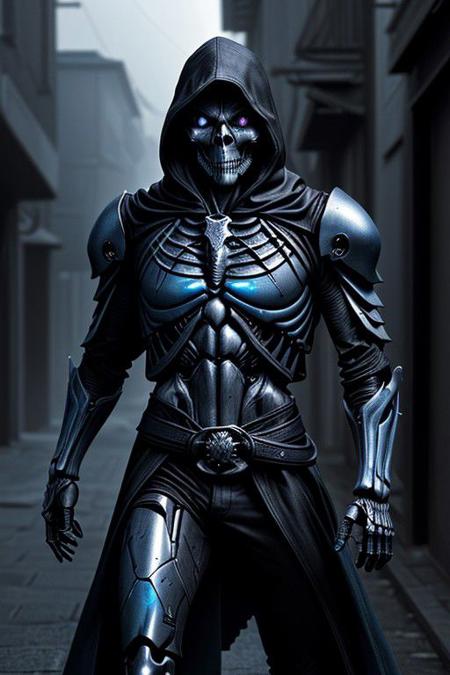 (masterpiece:1.2), best quality, high resolution, perfect lighting, extremely detailed, (Terminator assasin),  battle scared white and black carbon armor,  Wearing a dark cloak with hood, skull face just visable under hood, (very dim light blue eyes, eyes very dim blue glow), (full_armor fitted like a skeleton ribs design), humanoid, Metal Human skull head, (extreme detailed micro mechcanical scary Metal human skull design). Samurai sword shinning silver, Runes decorative embossments over his cloak, slim muscular body fast agile and stealthy, background a dark back street with subtle lighting and shadows, facing viewer, solo,