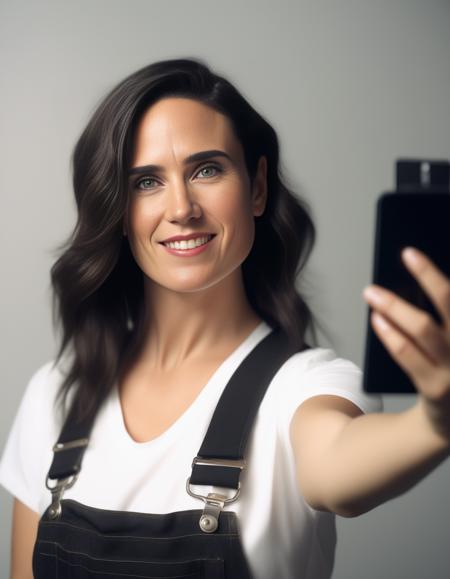 JenniferConnelly,<lora:JenniferConnellySDXL:1>, a curvy athletic woman in black overalls is smiling and taking a selfie, white t-shirt, streak in hair, 8k uhd, dslr, soft lighting, high quality, film grain, Fujifilm XT3