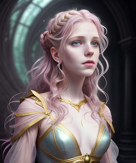 (1 girl) pale pink haired goddess, wearing byzantine gown | fantasy, hyper-detailed, accurate anatomy, symmetrical facial features, sharp focus, volumetric lighting, 16k | karol bak, yoshitaka amano, tom bagshaw, aurora, zbrush cel-shaded, cgsociety | ethereal beautiful astral vaporwave storybook illustration, dark fantasy (skin defect: 0,7) (freckled face: 0,7)  (Birthmark: 0,3) (greasy hair: 0,7)  (clothes wrinkling: 0,5) (body scrub: 0,4)  (perfect eyes: 1,0) (eyes size: 1,0)  (lipsticked mouth: 1,5)  (boobs size big) (age 25)  (hair color Brown) (long hair minimum) (make up minimum)  (face skinny)  (realistic fingers) (little nose) (NO TEXT)  (attentive facial expression) (Fog: 1,1) (HEAVY RAINING)  (left and right hands five fingers) , (studio quality:1.1), (8k uhd:1.1), (ultra realistic:1.1), (photography:1.1), (photorealism:1.1), (realistic:1.1), (detailed:1.1), (massive scale:1.1), (max detail:1.1), (soft lighting:1.1), (studio lighting:1.1), (photoshop:1.1), (portrait:1.1)