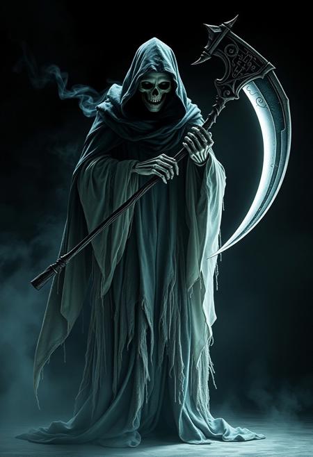 The Grimm Reaper stands as a haunting figure cloaked in shadows and whispers of ancient tales. Draped in a tattered, ethereal robe that seems woven from the night itself, his form flickers between solid and spectral, as if caught between the mortal realm and the afterlife. His hood, deep and shadowed, reveals nothing but a pair of cold, otherworldly eyes—pale, glowing orbs that pierce the soul with the weight of eternity. Wisps of smoke and phantom mist coil around him, giving the impression of a being formed from darkness and lost memories.
In his bony, skeletal hands, he grips a massive scythe, its blade impossibly sharp and shimmering with a ghostly light, as if it drinks in the moonlight. The handle, adorned with runes of forgotten languages, thrums with a quiet power, pulsating in time with the steady, measured steps of the Reaper. Every movement is soundless, each glide forward a ripple in the fabric of time, as he moves with the inevitability of death itself.
Around him, the air feels colder, heavier, like the breath of winter or the final sigh of a dying star. His presence is not just seen but felt, a chilling whisper in the mind that speaks of finality, destiny, and the great unknown that lies beyond. The Grimm Reaper is not merely a harbinger of death, but a collector of stories, a silent witness to the endless cycle of beginnings and endings, an eternal shadow that looms at the edge of every life.