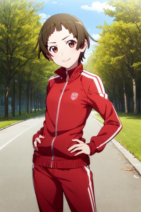 <lora:nadeko-sengoku-v1:0.9> nadeko01, 1girl, solo, looking at viewer,
short hair, blunt bangs, brown hair, brown eyes, 
track jacket, track suit, track pants, red pants, red track suit,
smile, hands on hips, 
park, trees, path,